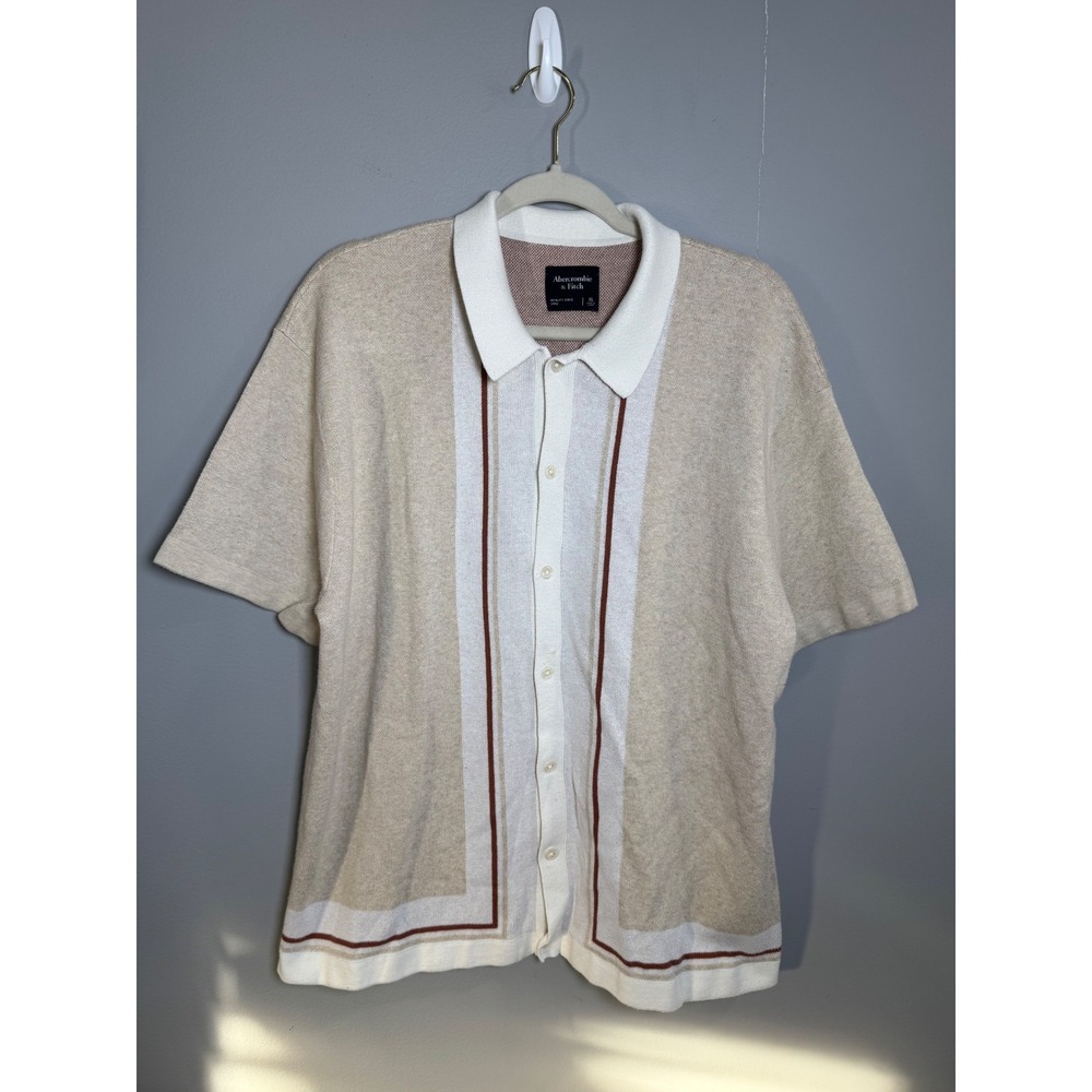 Abercrombie Fitch Mens Knit Polo Shirt Beige Stripe Short Sleeve Button Up XL